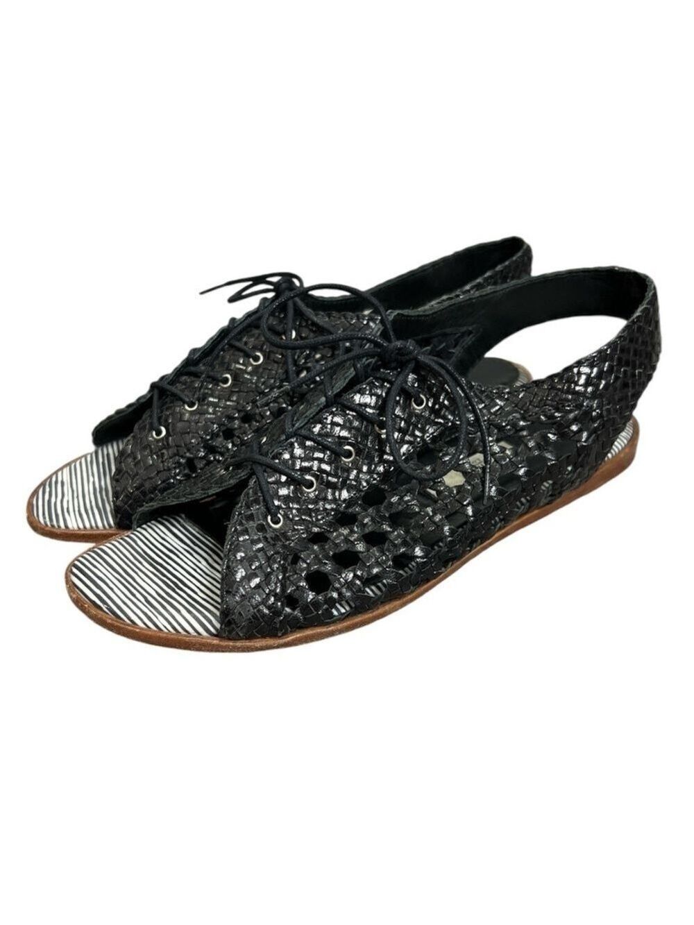Miista black woven leather lace up slingback flat sandals